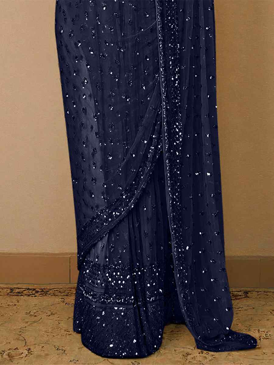 Navy Blue Butterfly Soft Net Sequins Party Festival Classic Style Saree