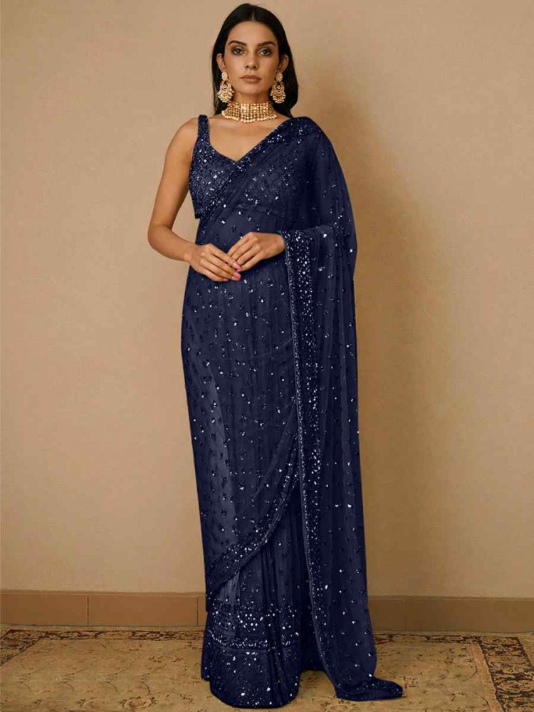 Navy Blue Butterfly Soft Net Sequins Party Festival Classic Style Saree