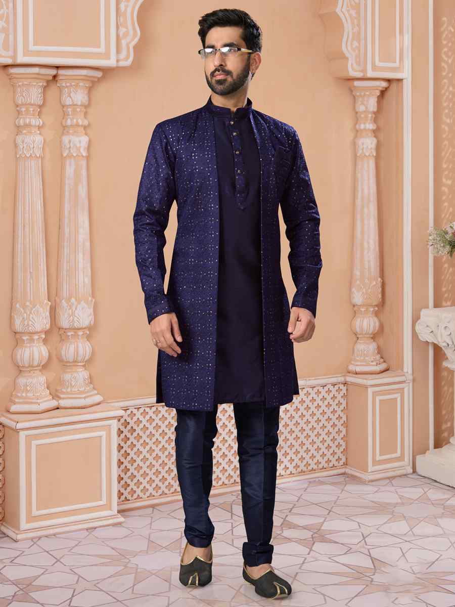 Navy Blue Champion Silk Embroidered Groom Wedding Sherwani