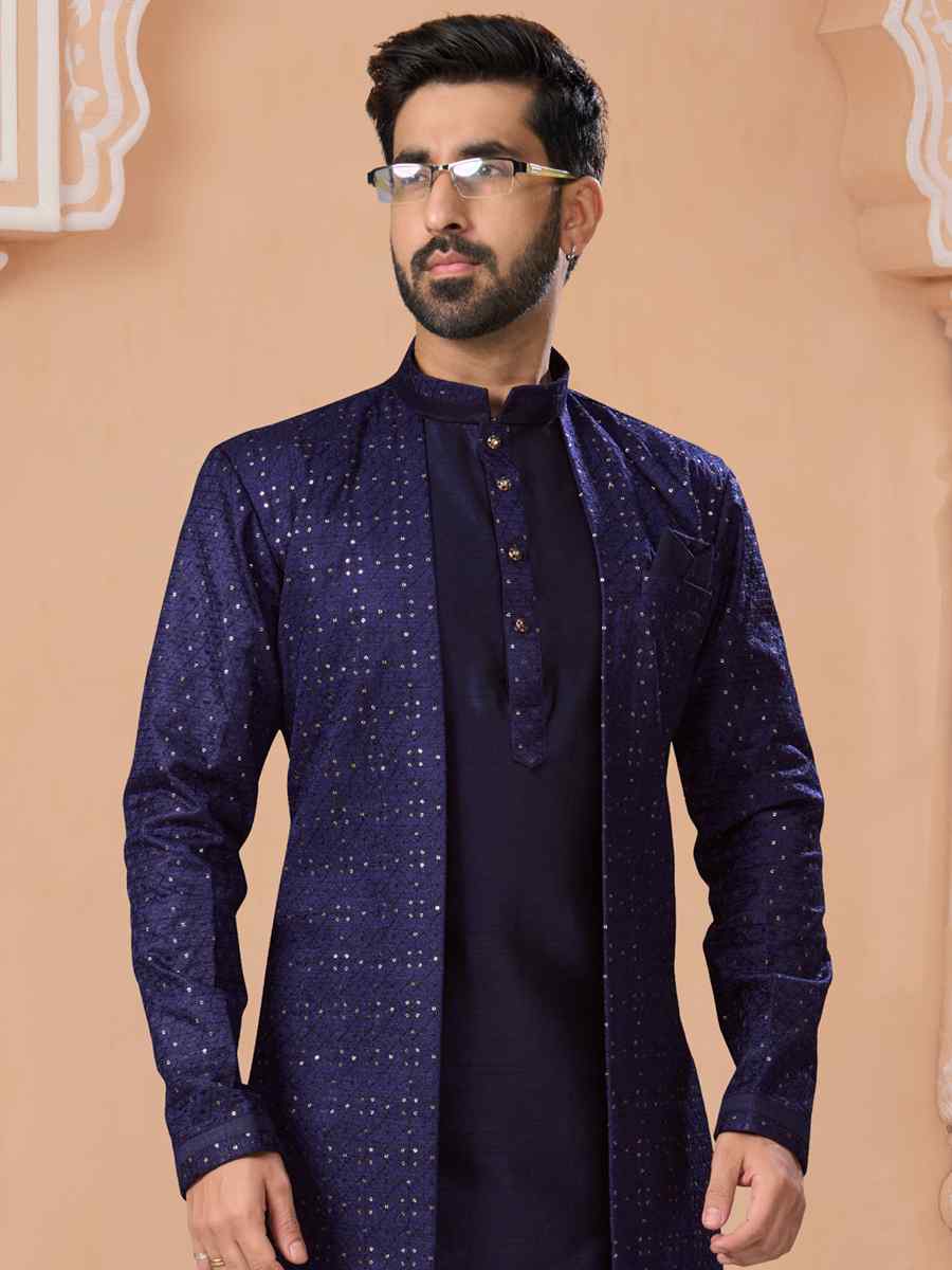 Navy Blue Champion Silk Embroidered Groom Wedding Sherwani