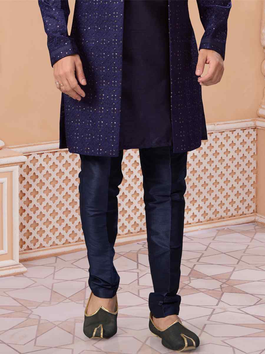 Navy Blue Champion Silk Embroidered Groom Wedding Sherwani