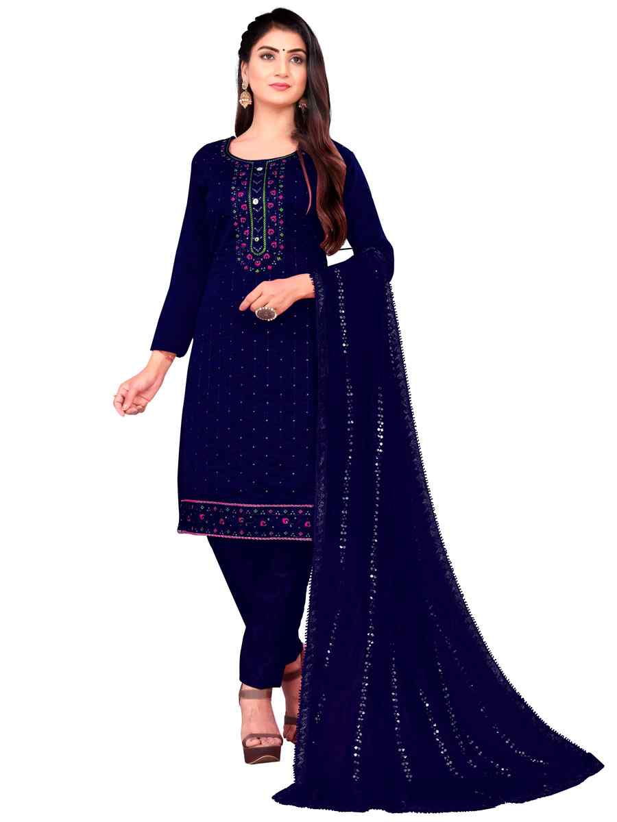Navy Blue Chanderi Cotton Embroidered Festival Casual Pant Salwar Kameez