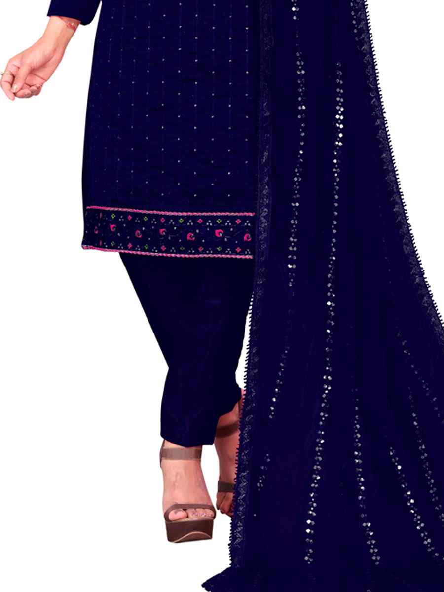 Navy Blue Chanderi Cotton Embroidered Festival Casual Pant Salwar Kameez