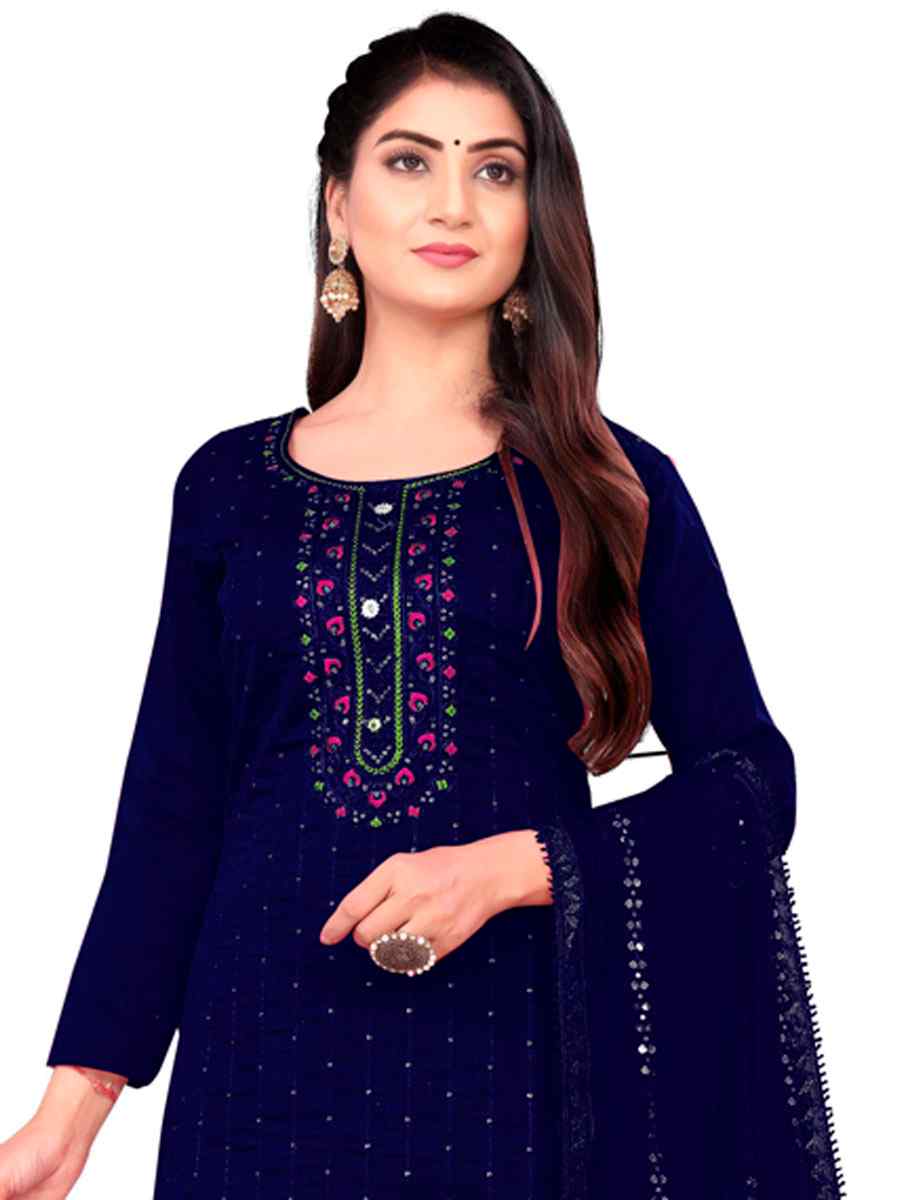 Navy Blue Chanderi Cotton Embroidered Festival Casual Pant Salwar Kameez