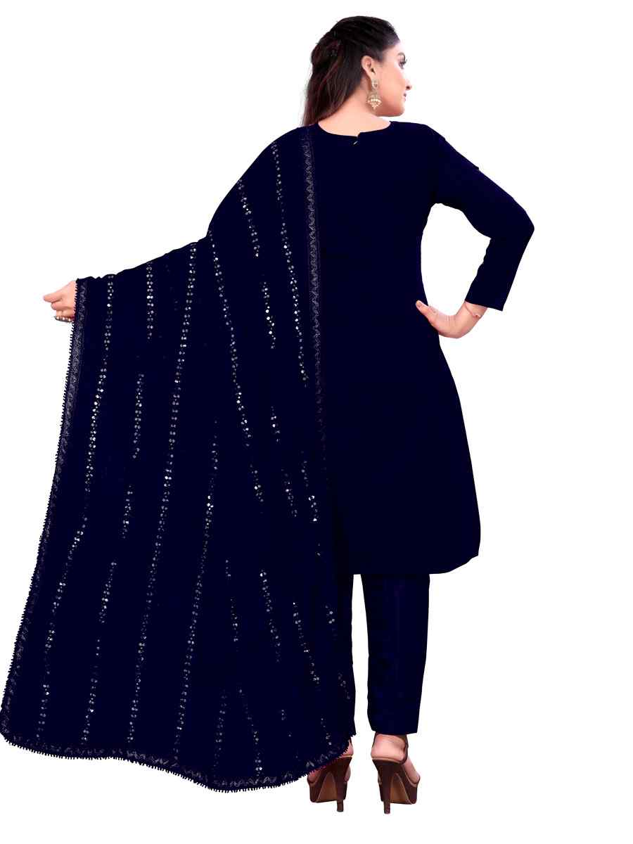 Navy Blue Chanderi Cotton Embroidered Festival Casual Pant Salwar Kameez