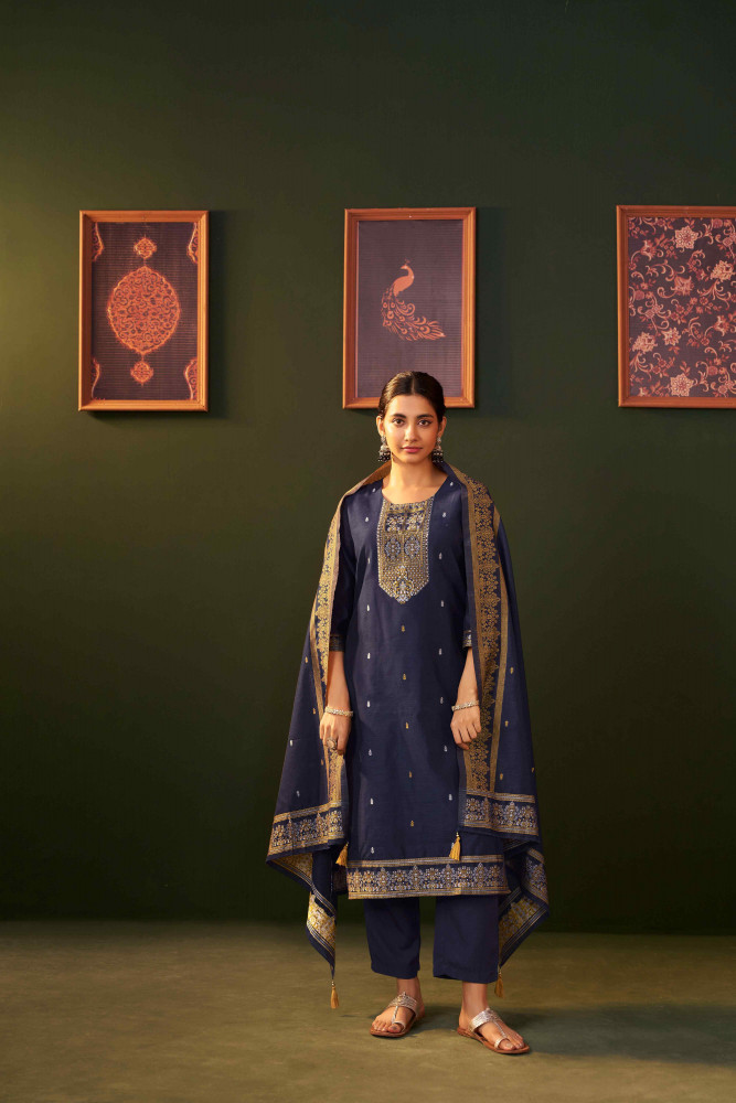 Image of Navy Blue Chanderi Handwoven Party Wedding Festival Casual Ready Pant Salwar Kameez