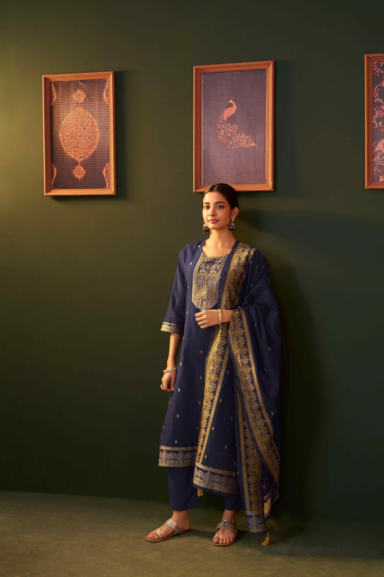 Navy Blue Chanderi Handwoven Party Wedding Festival Casual Ready Pant Salwar Kameez