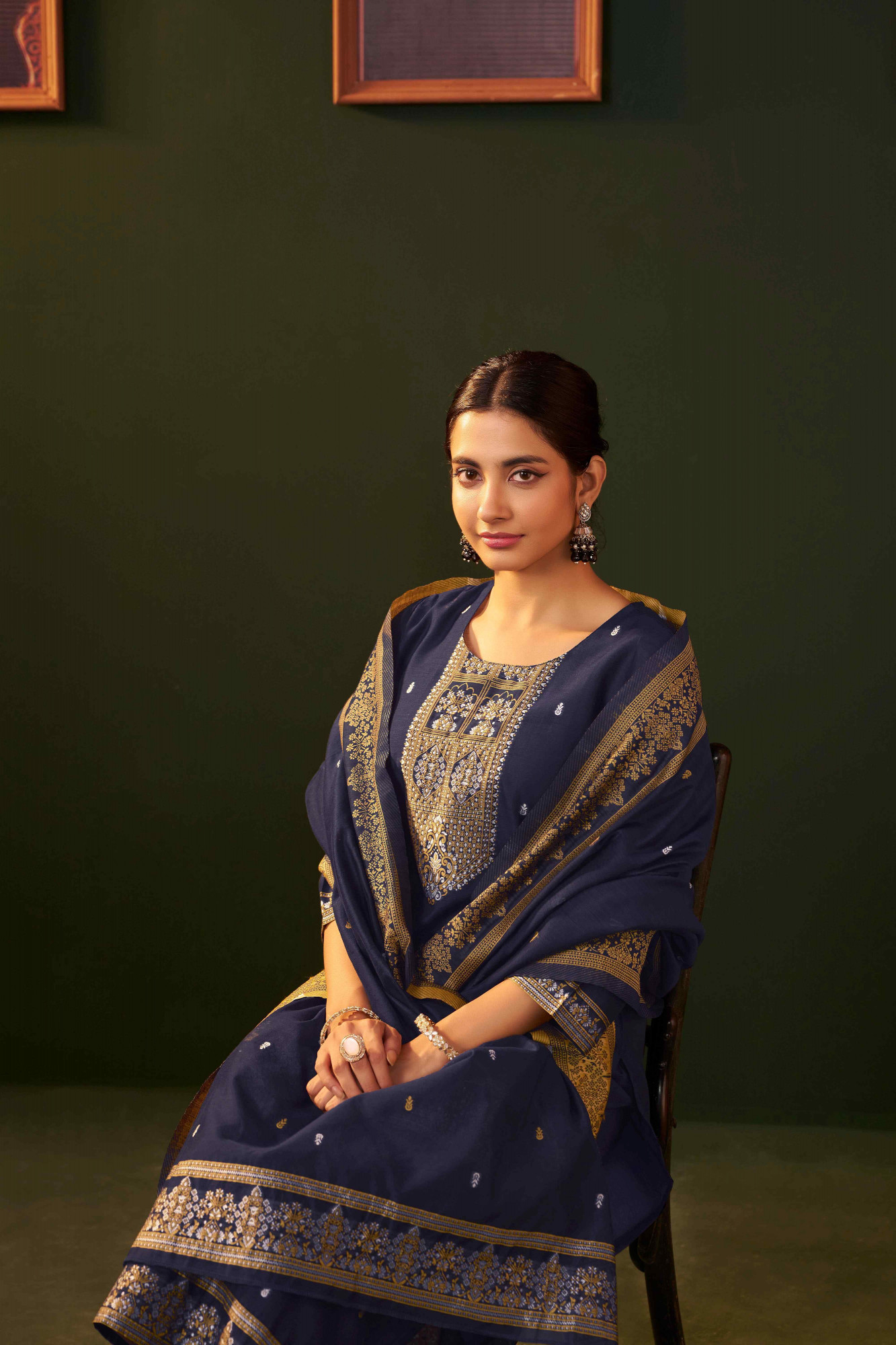 Navy Blue Chanderi Handwoven Party Wedding Festival Casual Ready Pant Salwar Kameez