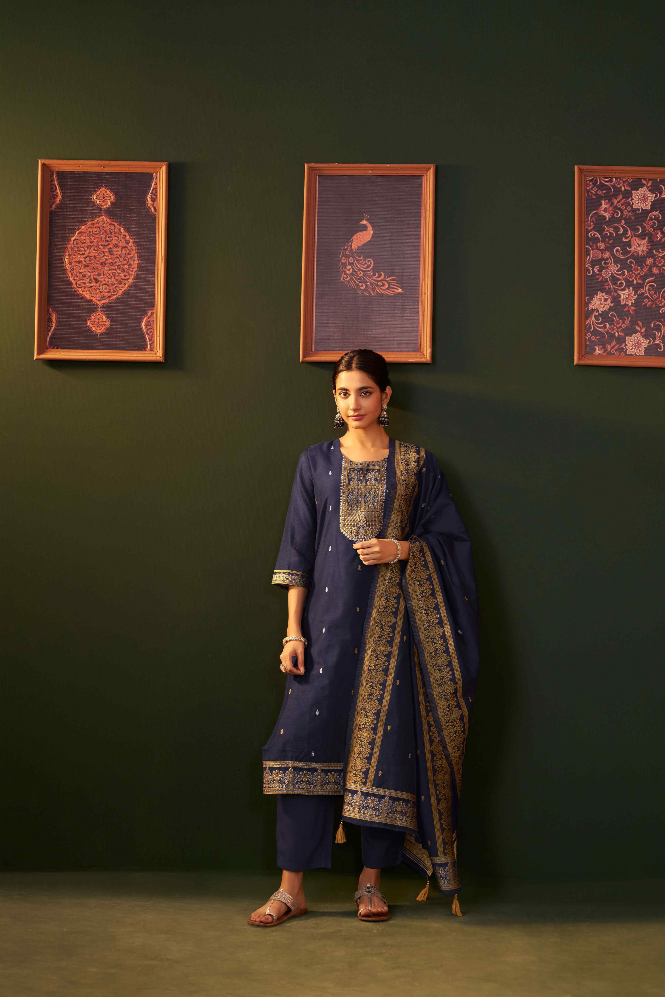 Navy Blue Chanderi Handwoven Party Wedding Festival Casual Ready Pant Salwar Kameez