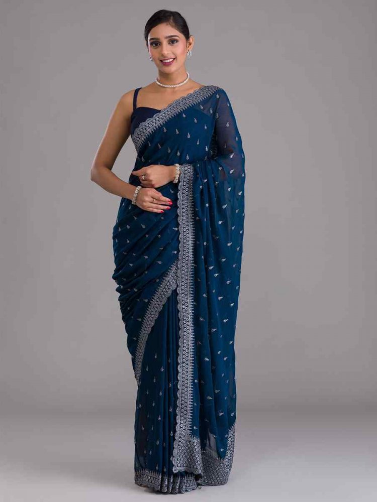 Navy Blue Chinon Chiffon Handwoven Wedding Festival Heavy Border Saree