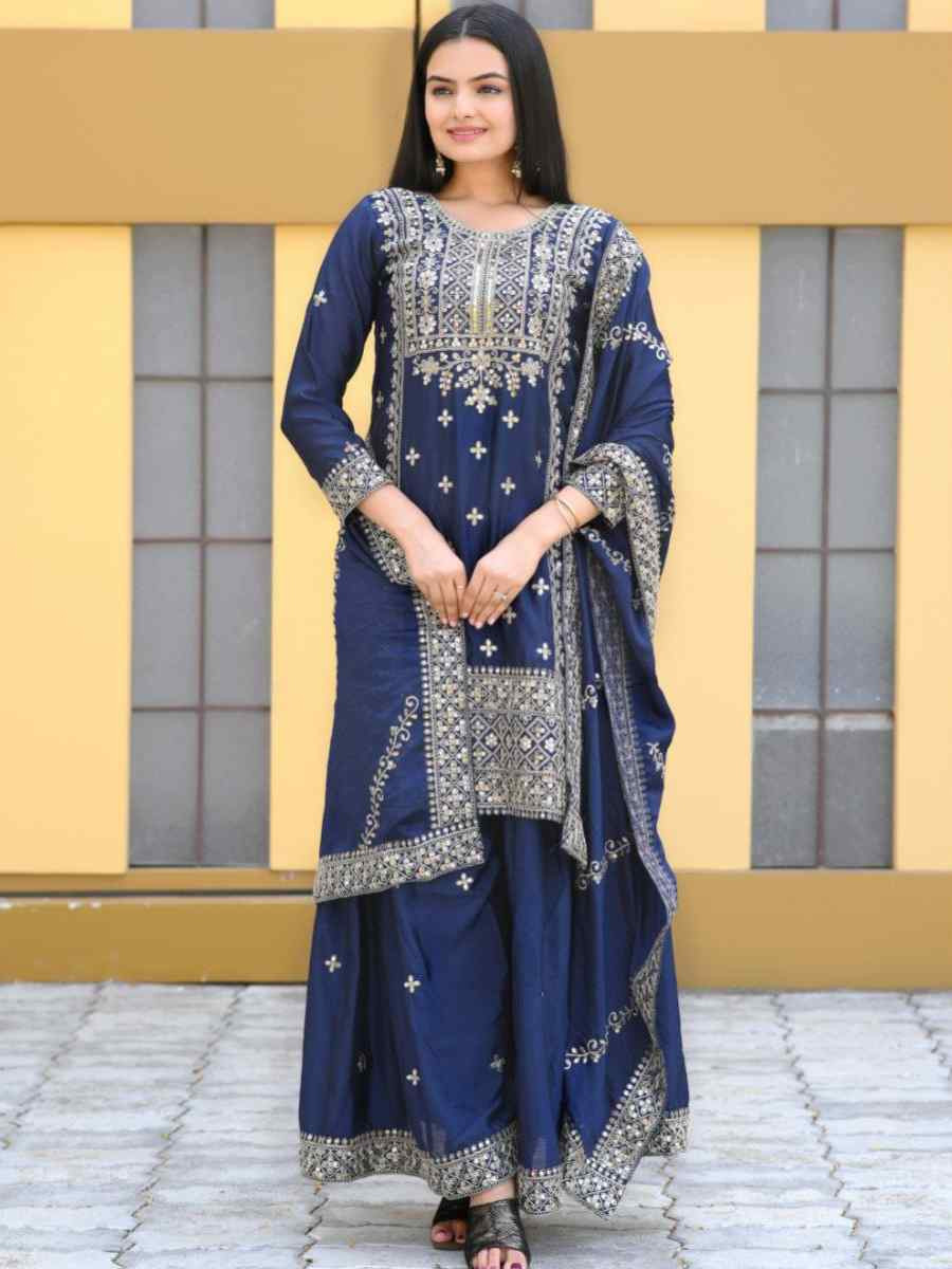 Navy Blue Chinon Embroidered Party Casual Ready Palazzo Pant Salwar Kameez