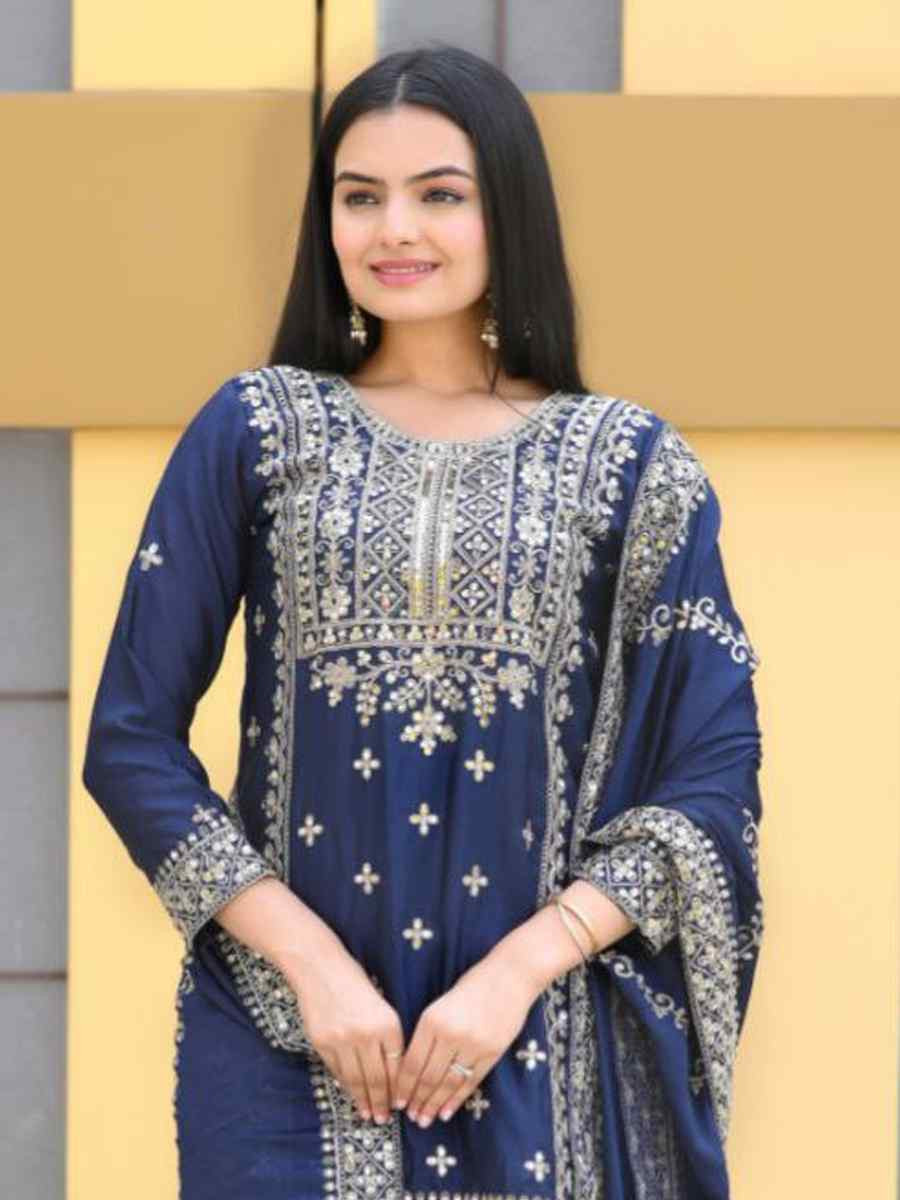 Navy Blue Chinon Embroidered Party Casual Ready Palazzo Pant Salwar Kameez