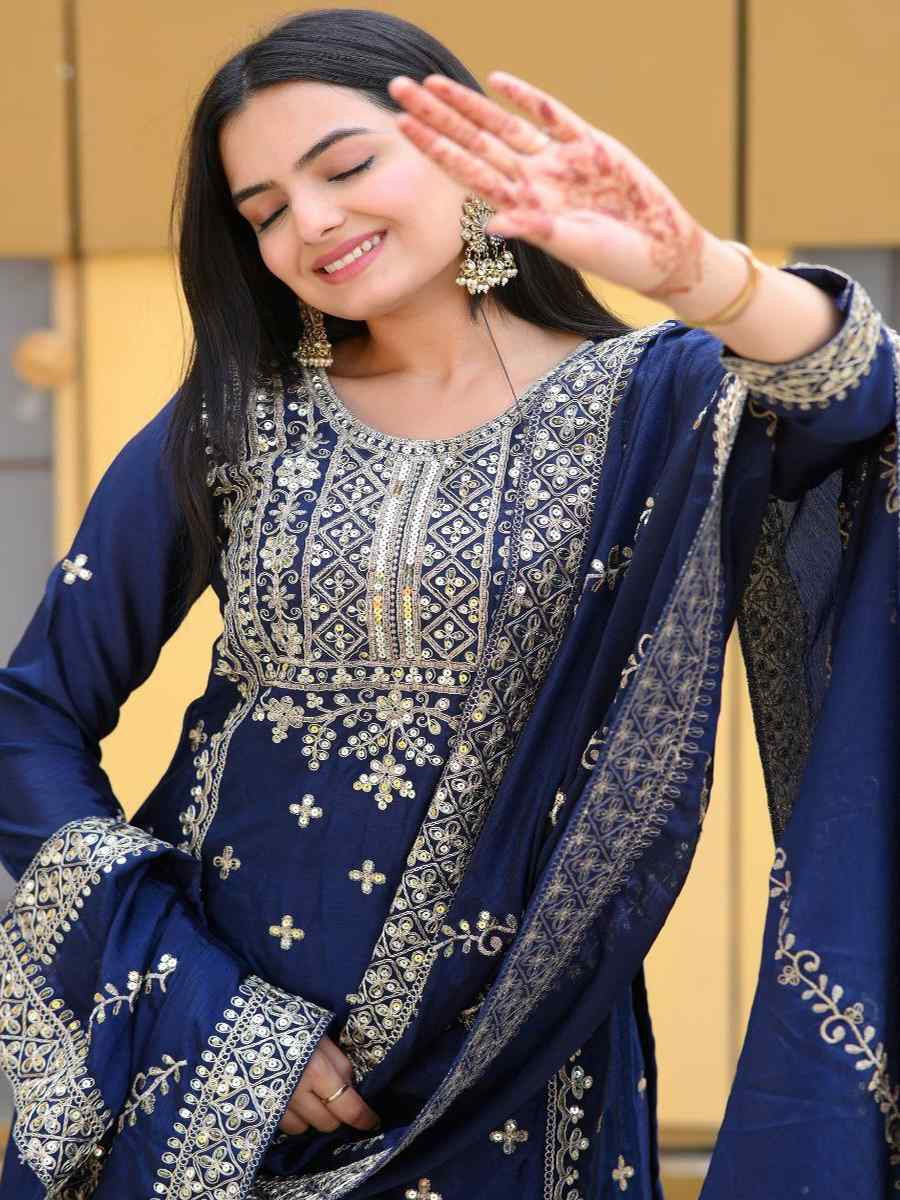 Navy Blue Chinon Embroidered Party Casual Ready Palazzo Pant Salwar Kameez
