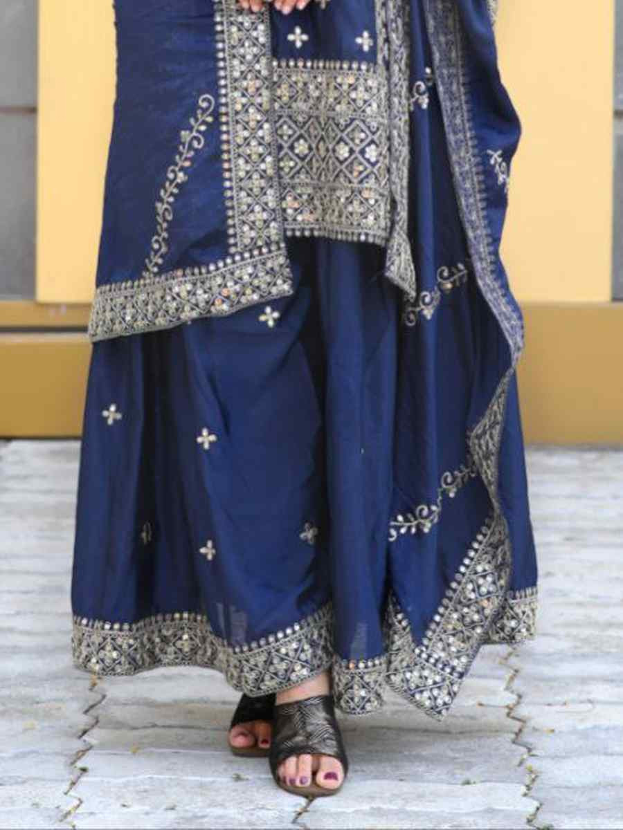Navy Blue Chinon Embroidered Party Casual Ready Palazzo Pant Salwar Kameez