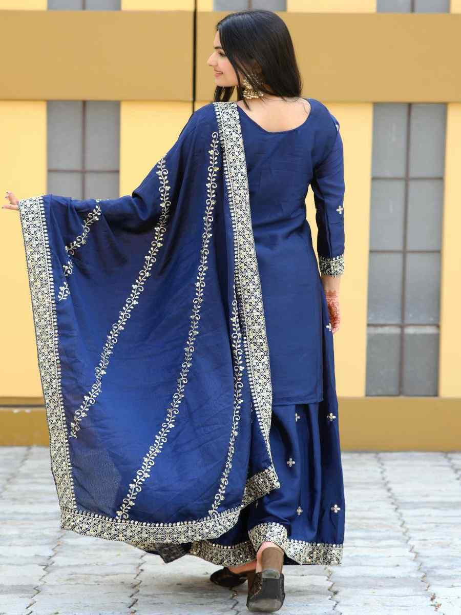 Navy Blue Chinon Embroidered Party Casual Ready Palazzo Pant Salwar Kameez