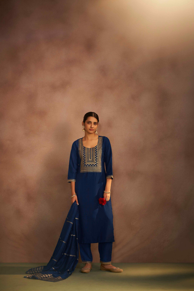 Image of Navy Blue Chinon Embroidery Party Wedding Festival Casual Ready Pant Salwar Kameez