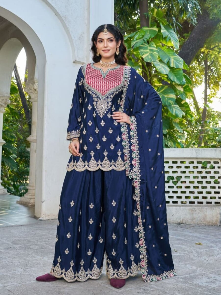 Navy Blue Chinon Embroidery Sequins Wedding Party Festival Casual Ready Palazzo Pant Salwar Kameez