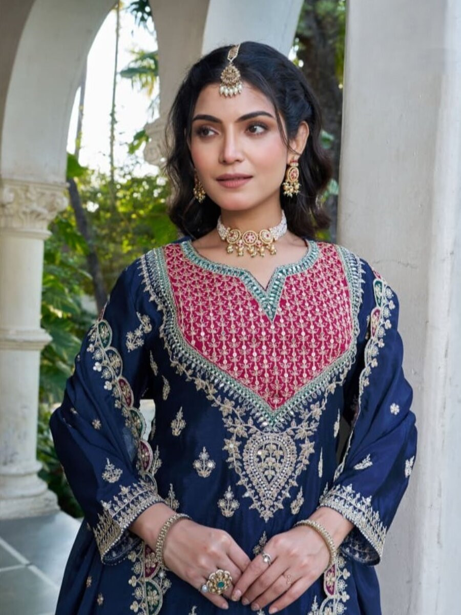 Navy Blue Chinon Embroidery Sequins Wedding Party Festival Casual Ready Palazzo Pant Salwar Kameez