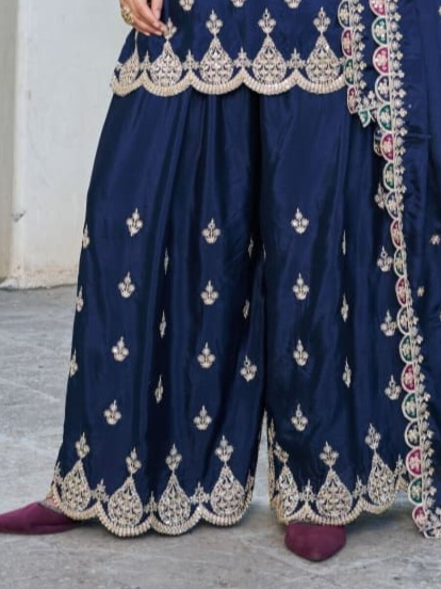 Navy Blue Chinon Embroidery Sequins Wedding Party Festival Casual Ready Palazzo Pant Salwar Kameez