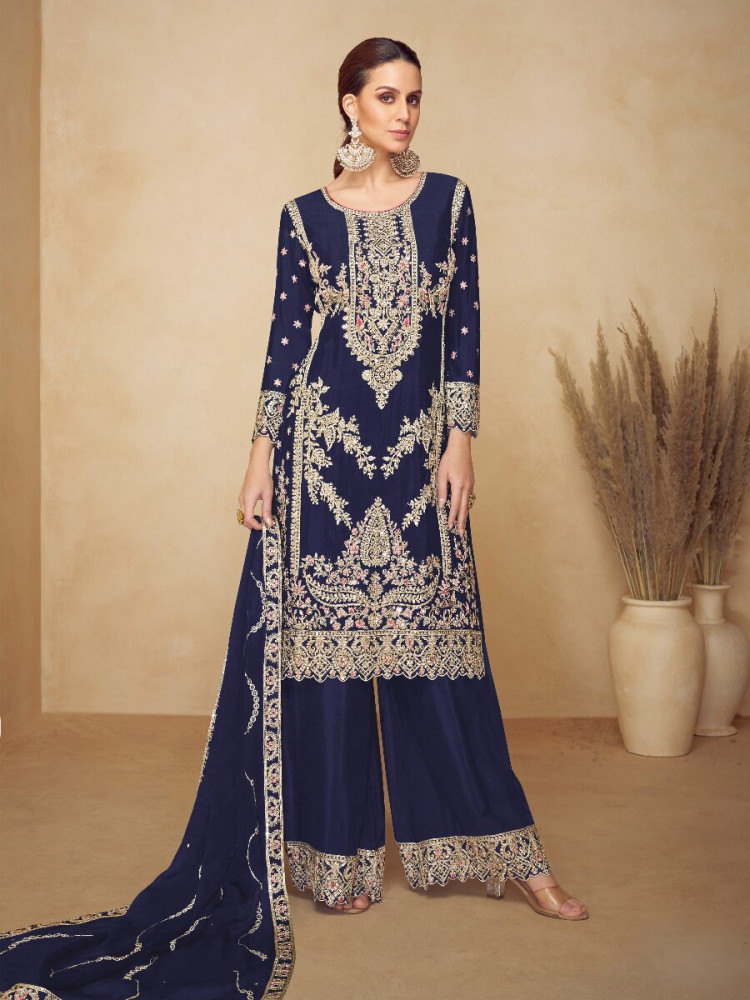 Image of Navy Blue Chinon Embroidery Wedding Party Festival Casual Palazzo Pant Salwar Kameez