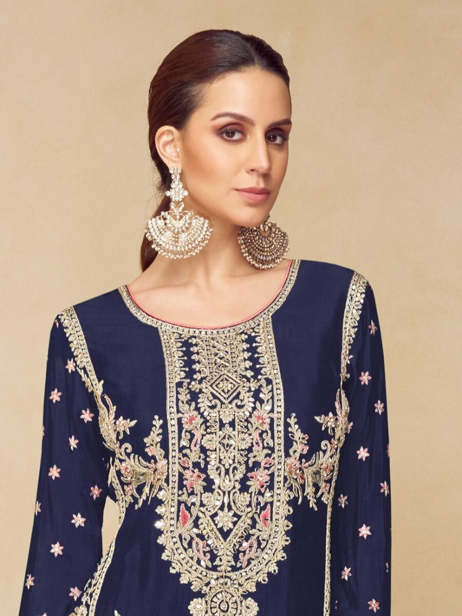 Navy Blue Chinon Embroidery Wedding Party Festival Casual Palazzo Pant Salwar Kameez