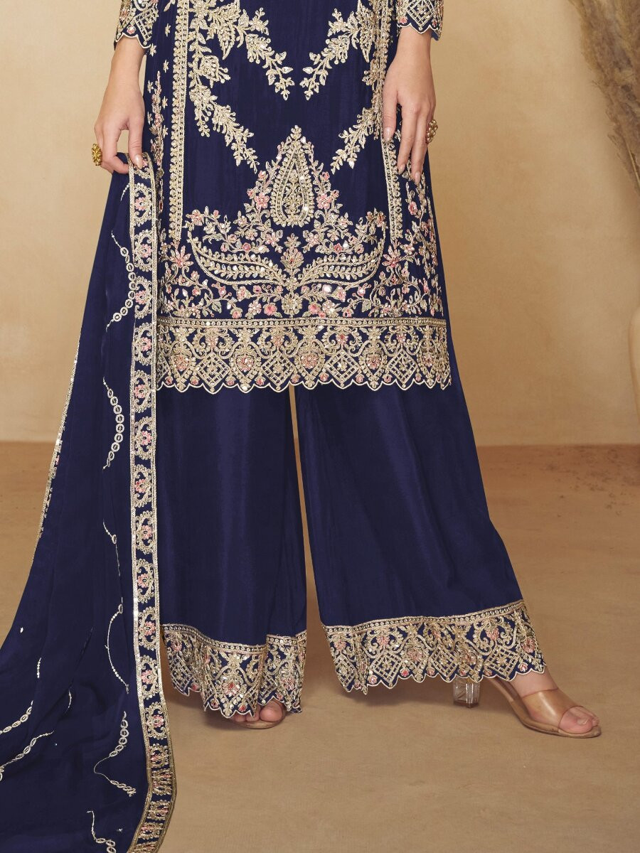 Navy Blue Chinon Embroidery Wedding Party Festival Casual Palazzo Pant Salwar Kameez