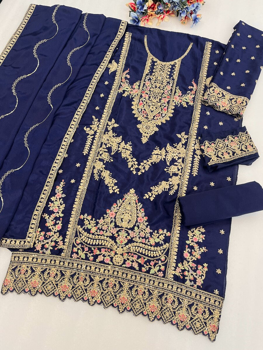 Navy Blue Chinon Embroidery Wedding Party Festival Casual Palazzo Pant Salwar Kameez