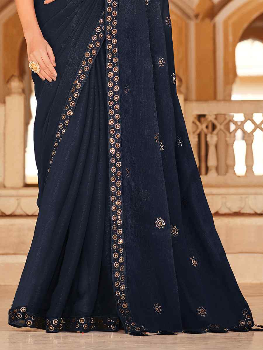 Navy Blue Chinon Handwoven Wedding Festival Heavy Border Saree