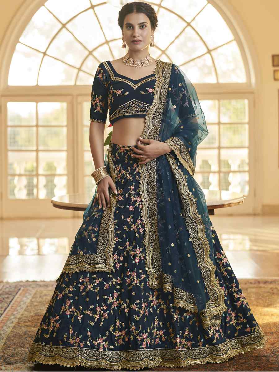 Navy Blue Chinon Silk Embroidered Festival Party Wear Heavy Border Lehenga Choli