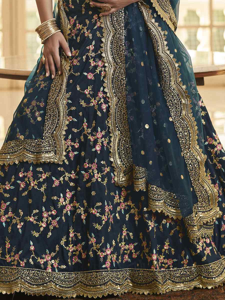 Navy Blue Chinon Silk Embroidered Festival Party Wear Heavy Border Lehenga Choli