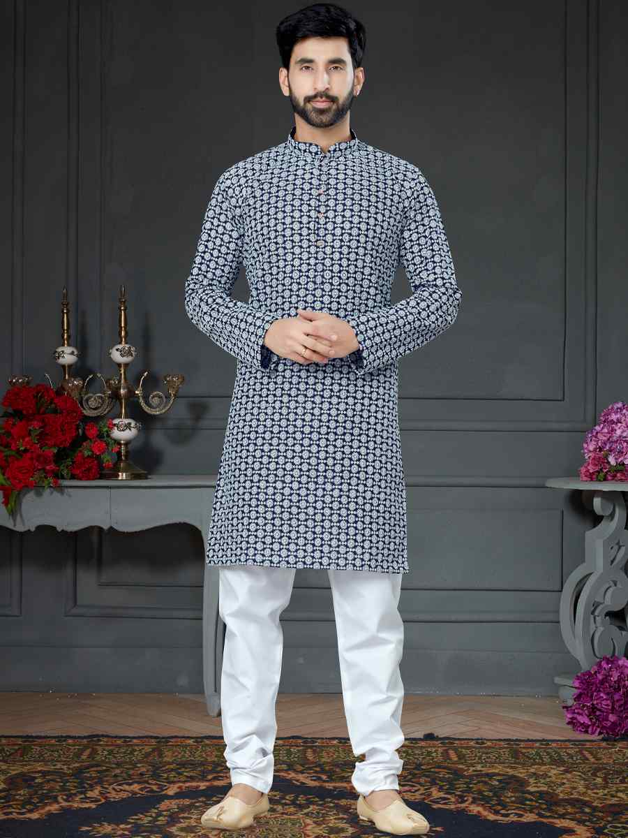 Navy Blue Cotton Art Silk Woven Festival Kurta