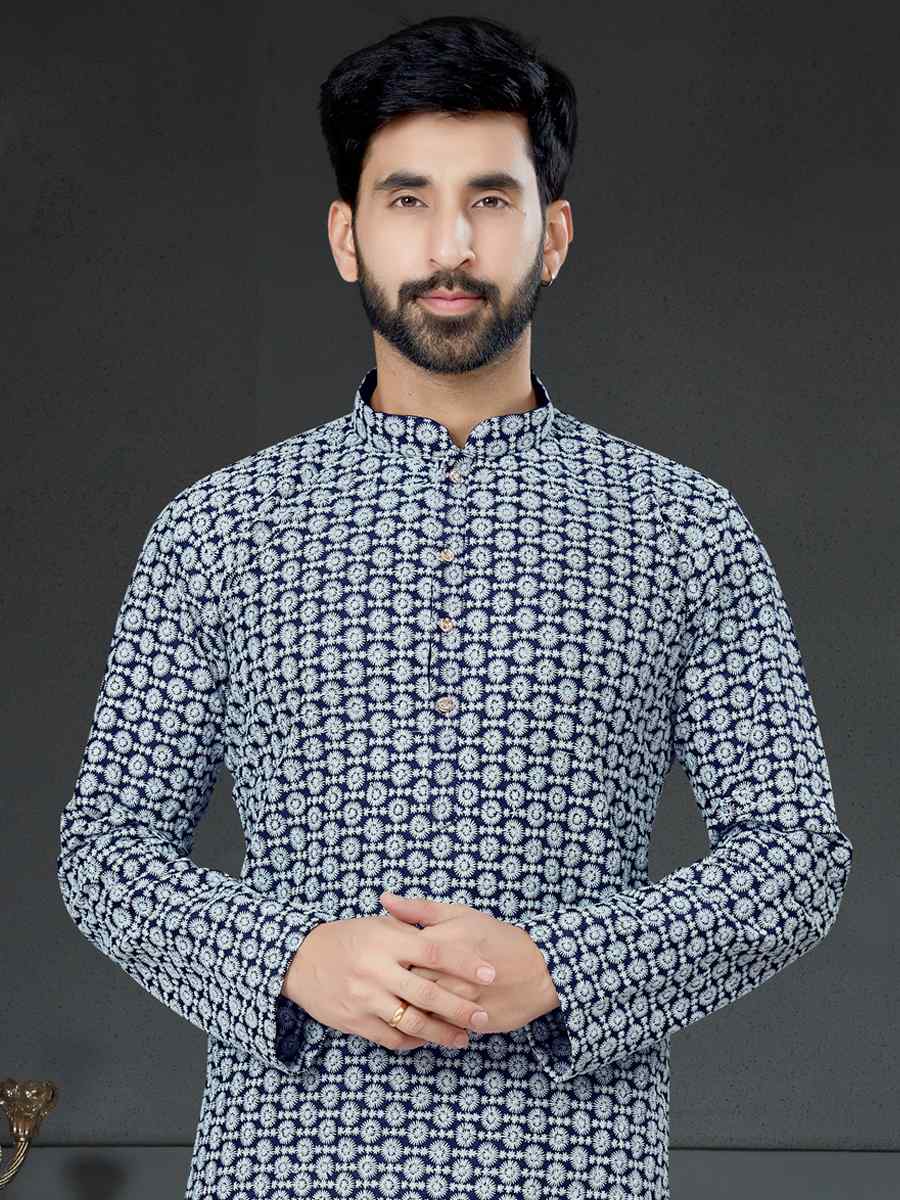 Navy Blue Cotton Art Silk Woven Festival Kurta