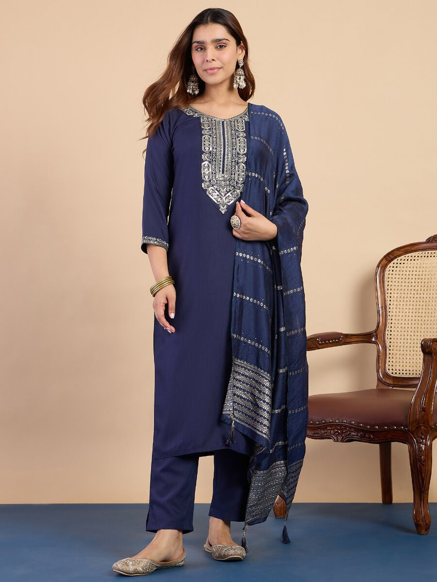 Navy Blue Cotton Blend Embroidery Wedding Party Festival Casual Ready Pant Salwar Kameez