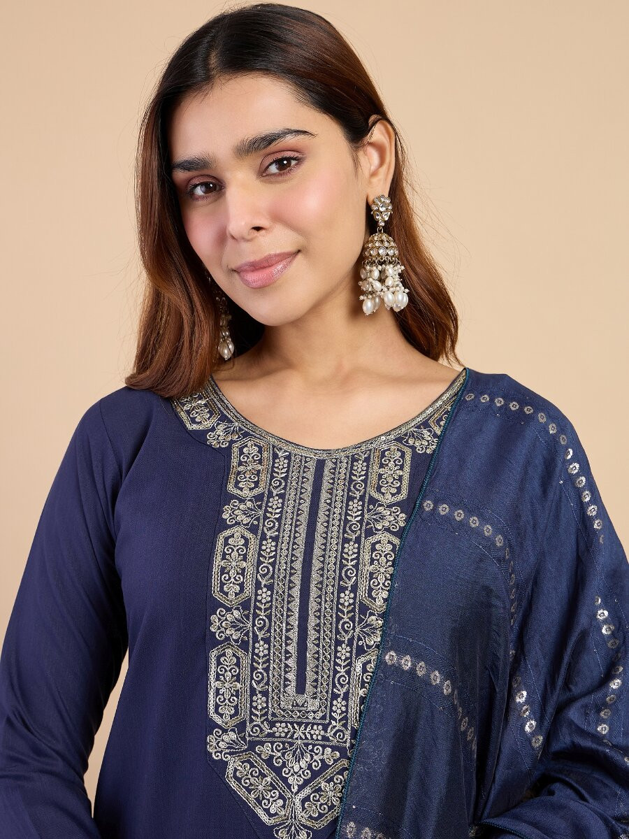 Navy Blue Cotton Blend Embroidery Wedding Party Festival Casual Ready Pant Salwar Kameez