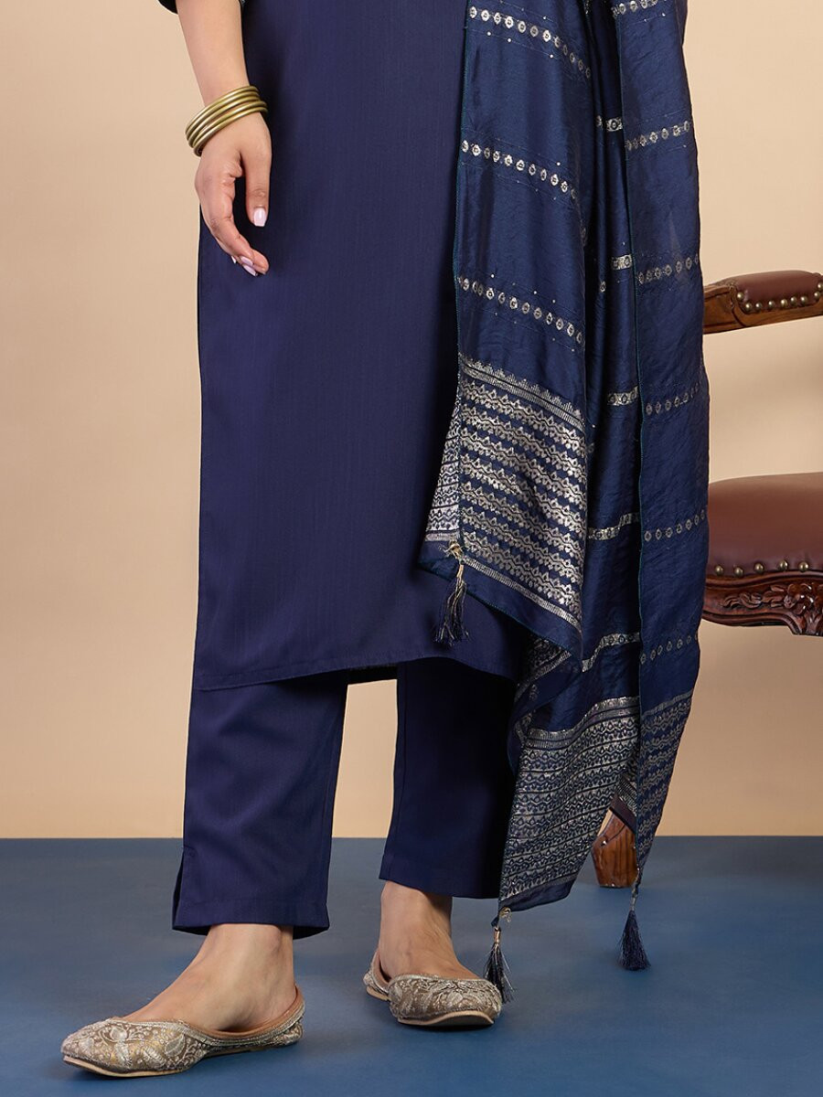 Navy Blue Cotton Blend Embroidery Wedding Party Festival Casual Ready Pant Salwar Kameez