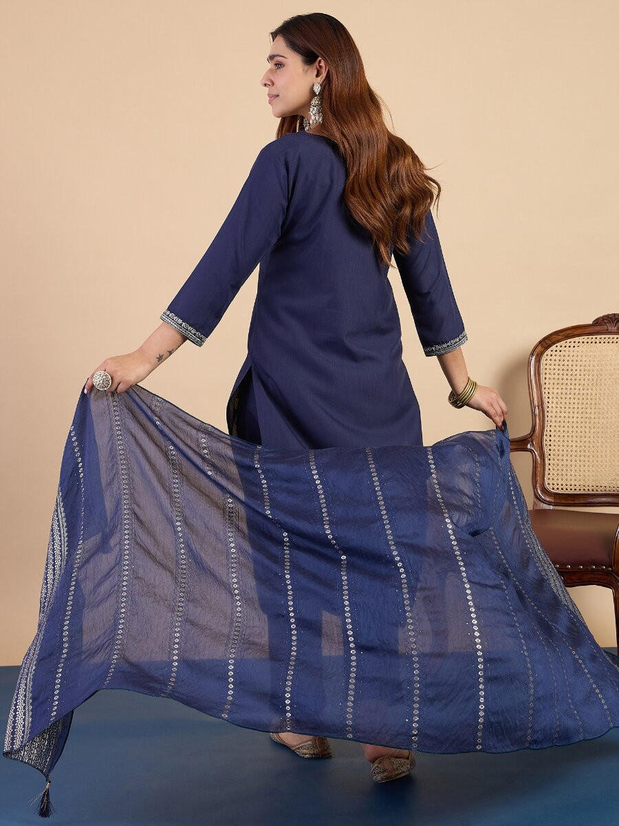 Navy Blue Cotton Blend Embroidery Wedding Party Festival Casual Ready Pant Salwar Kameez