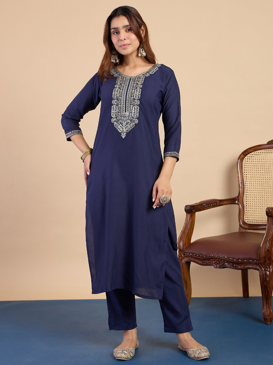 Navy Blue Cotton Blend Embroidery Wedding Party Festival Casual Ready Pant Salwar Kameez
