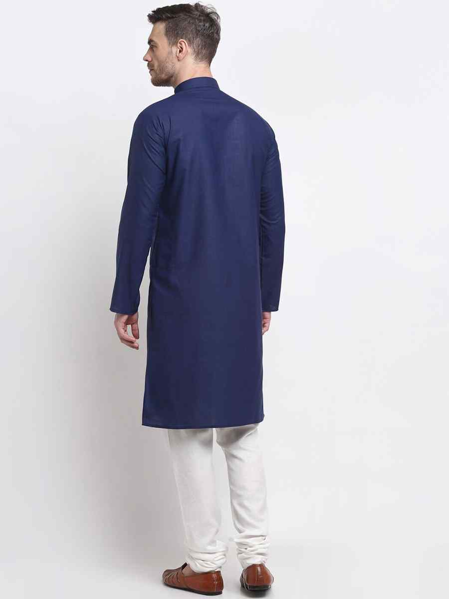 Navy Blue Cotton Blend Plain Festival Casual Kurta