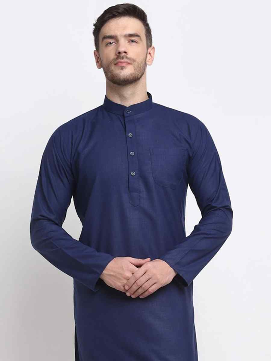 Navy Blue Cotton Blend Plain Festival Casual Kurta