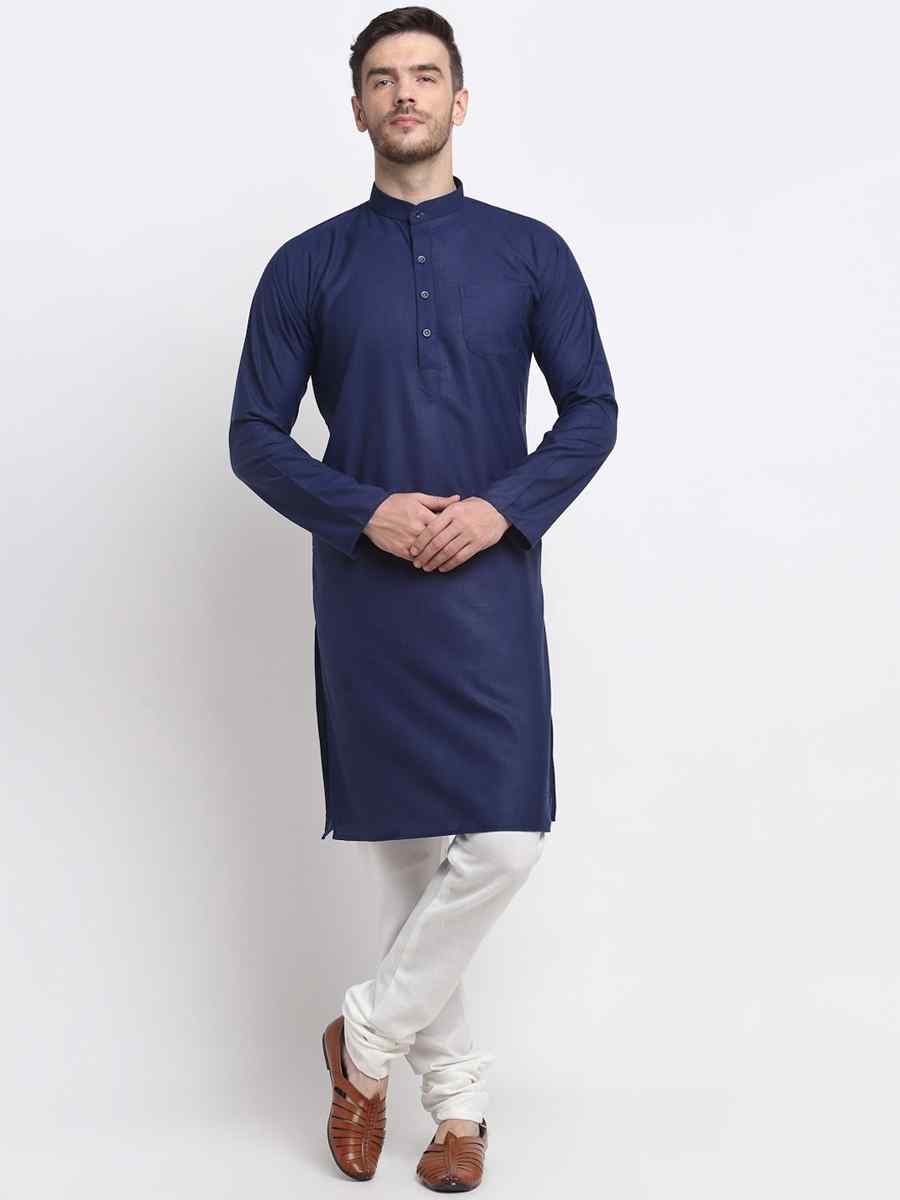 Navy Blue Cotton Blend Plain Festival Casual Kurta