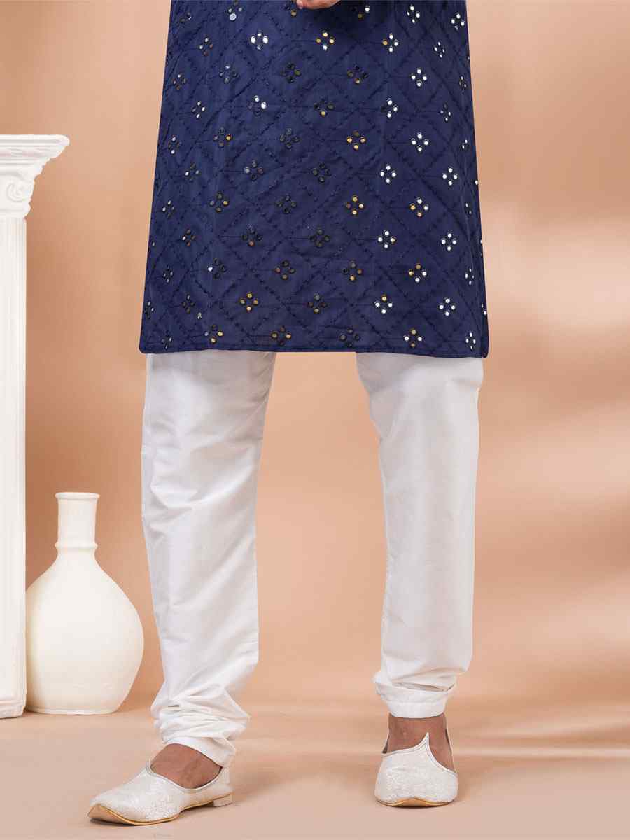 Navy Blue Cotton Embroidered Festival Party Kurta