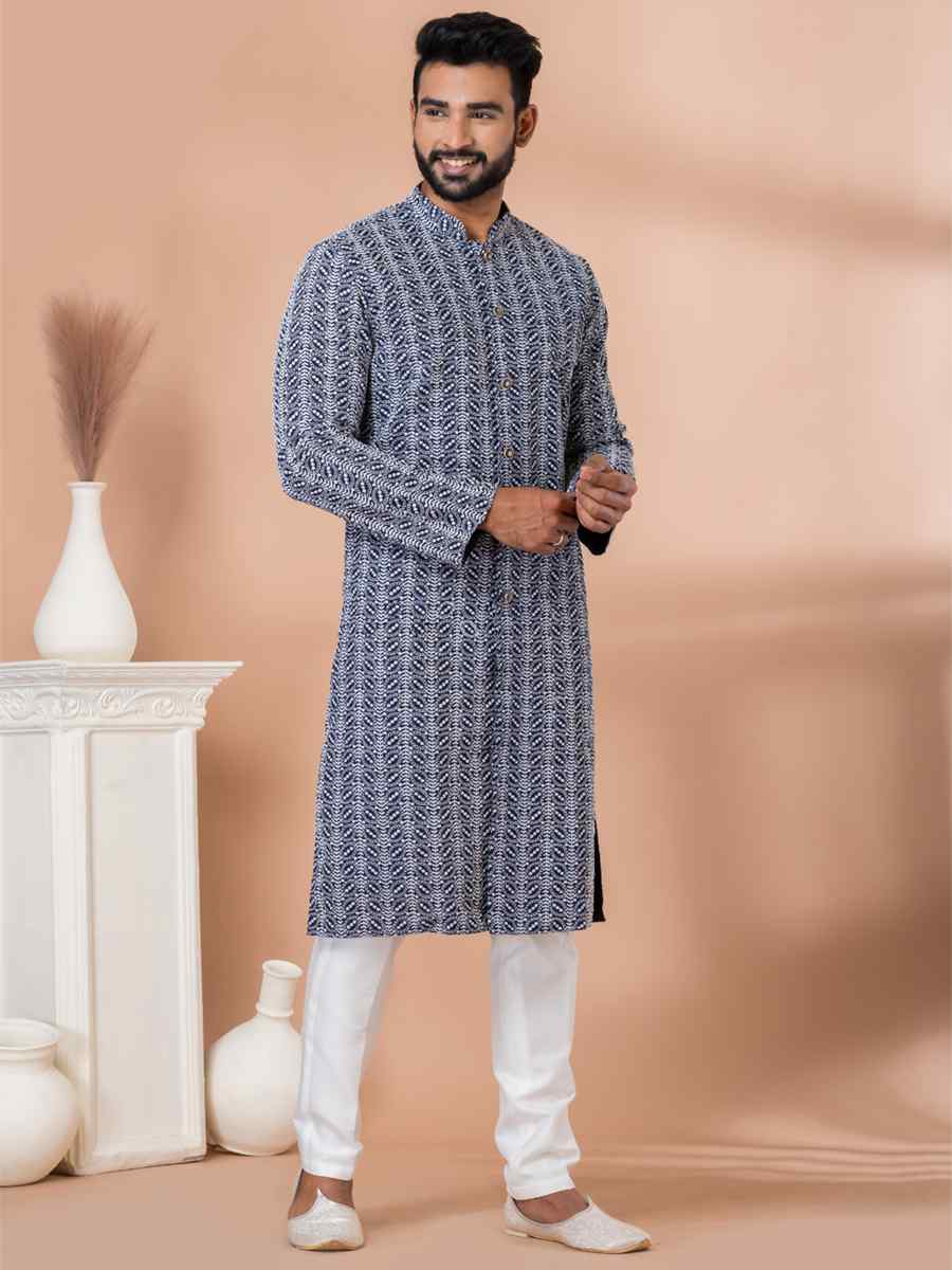Navy Blue Cotton Embroidered Festival Party Kurta