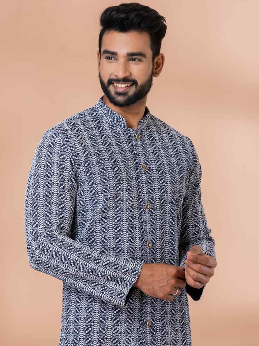 Navy Blue Cotton Embroidered Festival Party Kurta