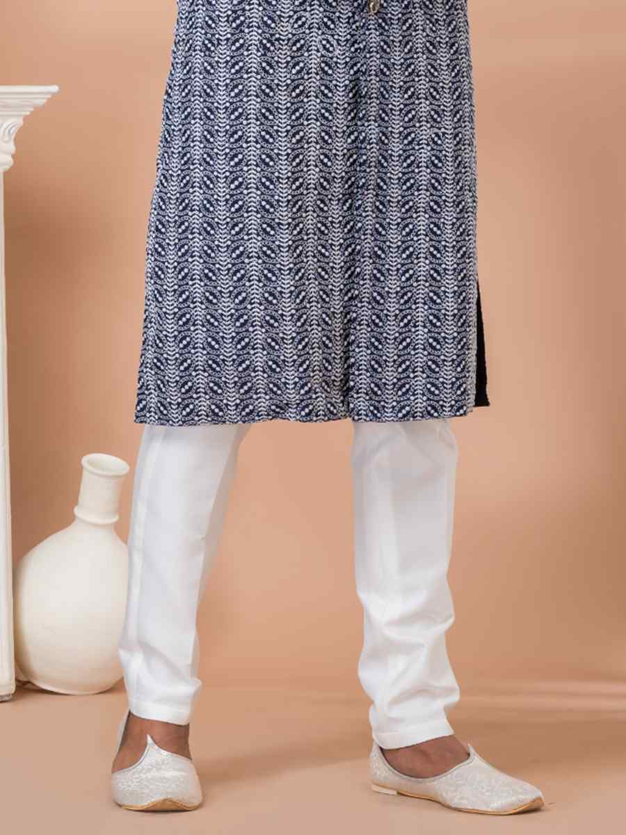 Navy Blue Cotton Embroidered Festival Party Kurta