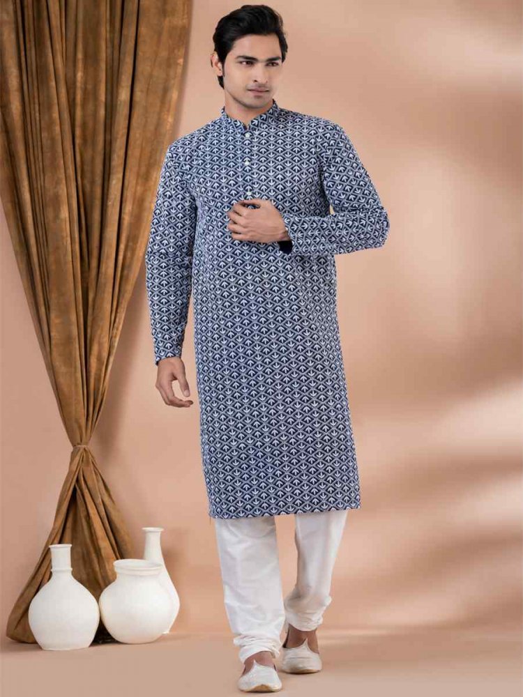 Navy Blue Cotton Embroidered Festival Party Kurta