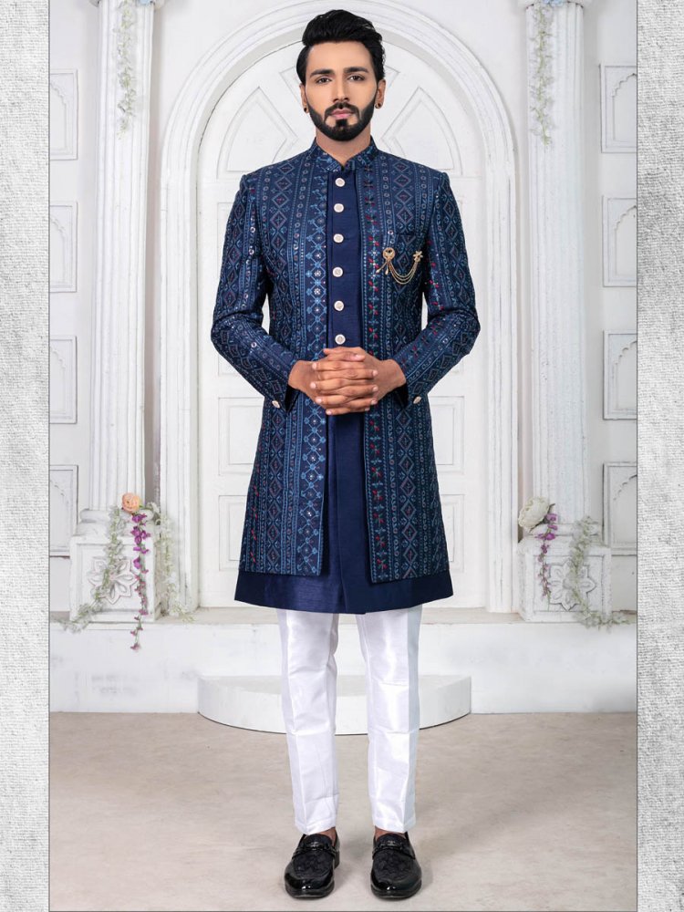 Navy Blue Cotton Embroidered Wedding Groom Sherwani