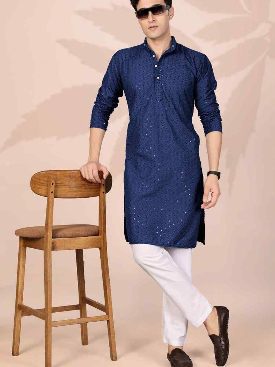 Navy Blue Cotton Embroidery Festival Wedding Party Mens Kurta