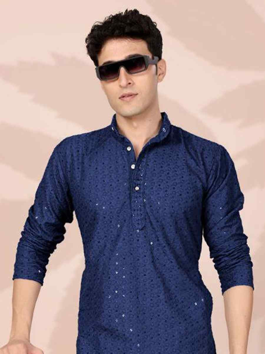 Navy Blue Cotton Embroidery Festival Wedding Party Mens Kurta