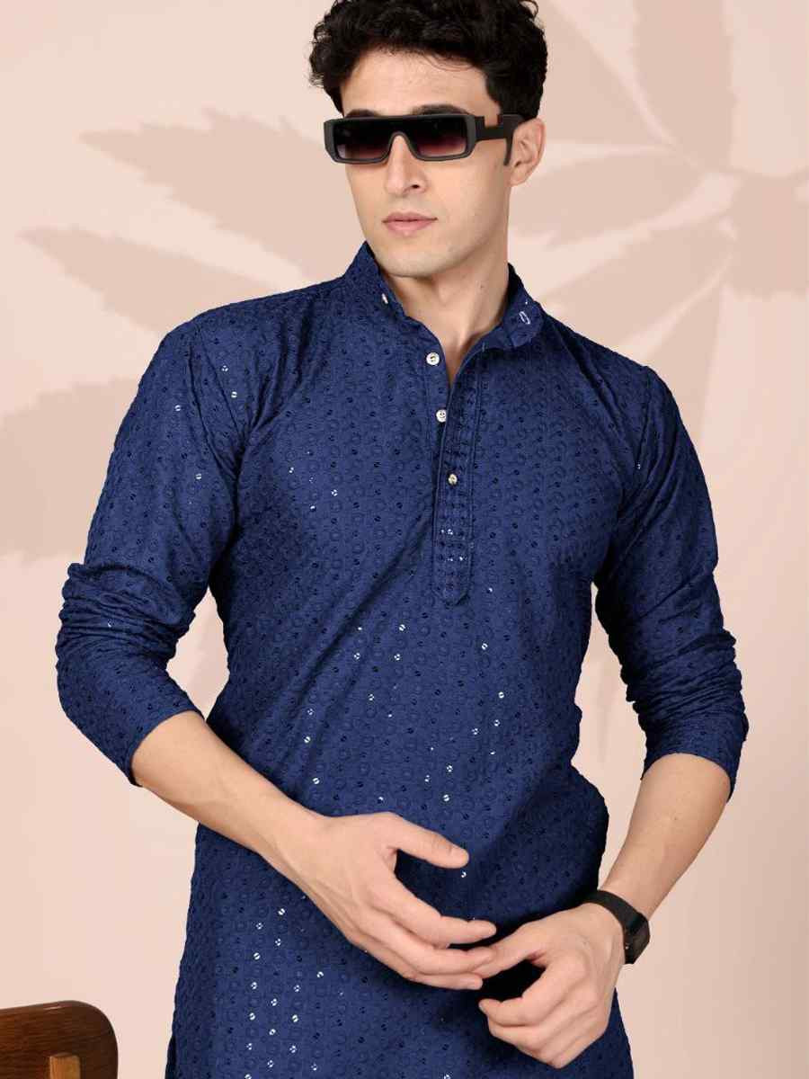 Navy Blue Cotton Embroidery Festival Wedding Party Mens Kurta