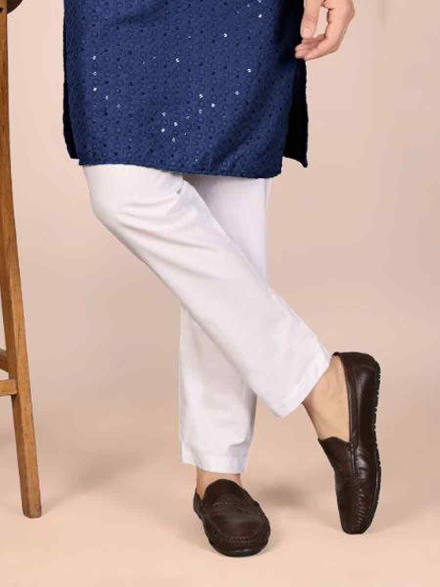 Navy Blue Cotton Embroidery Festival Wedding Party Mens Kurta